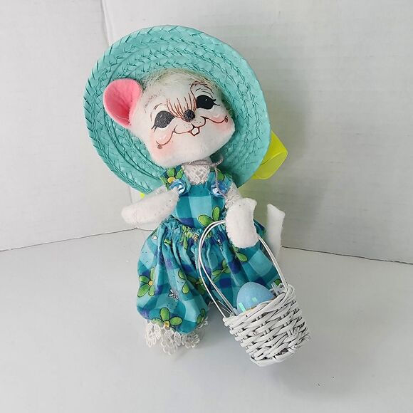 2008 Annalee Doll Spring Easter Egg Basket Girl White Mouse Aqua Green Plaid 6"